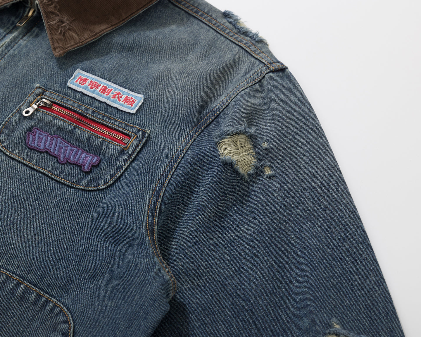 BURNIN* "Burnin for people" camouflage splicing damaged patch denim jacket - PSYLOS 1, BURNIN* "Burnin for people" camouflage splicing damaged patch denim jacket, T-Shirt, Burnin, PSYLOS 1